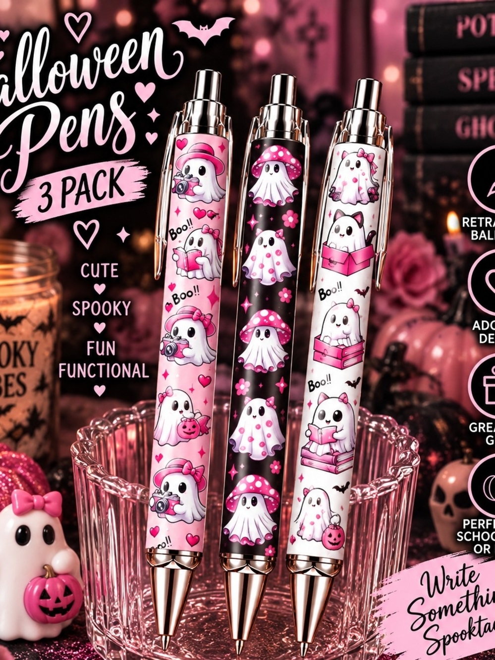 Halloween Ghosts 3-Pack Ballpoint Pens - Pink & Black